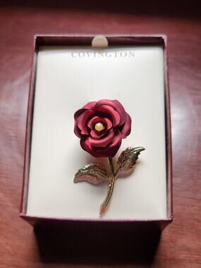 Covington Red Enamel Rose Brooch Pin Gold Tone Stem with Box